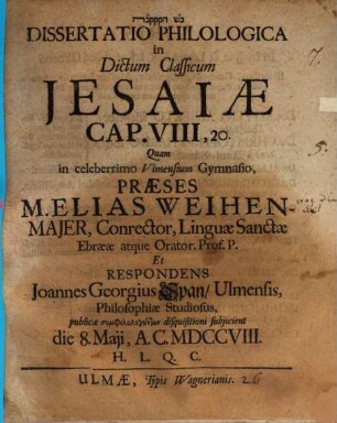 Diss. philos. in dictum classicum Jesaiae Ca. VIII,20