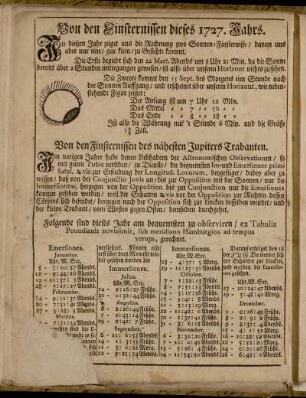 Von den Finsternissen dieses 1727. Jahrs. - Von den Finsternissen des nähesten Jupiters Trabanten. - Folgende sind dieses jahr am bequemsten zu observiren/[...]