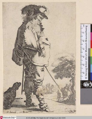 [Kavalier im rechten Profil; Cavalier in right profile lokking over his right shoulder and wearing profusely plumed hat. Dog behind him. Two riders under tree at right]