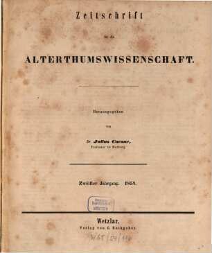 Zeitschrift für die Alterthumswissenschaft. 12, 12. 1854