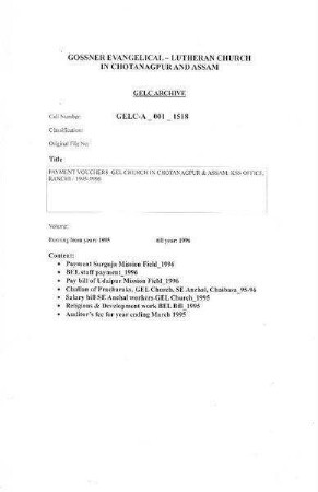 PAYMENT VOUCHERS GELC IN CHOTANAGPUR & ASSAM,KSS OFFICE / 95-96