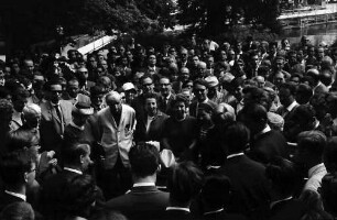 15. Tagung 1965 Physiker; Maikäferrede: Empfang auf Mainau, Menge, mittig Ehepaar Thomson, Ehepaar Paul Dirac
