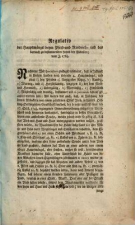 Regulativ der Hautmängel beym Pferd- und Rindvieh, und des darnach zu bestimmenden Lohns der Abdecker; vom J. 1765.