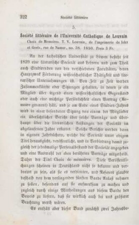 322-332 [Rezension] Société Littéraire de l'Université Catholique de Louvain, Choix de mémoires