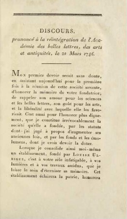 15-16, Discours, prononcé à la réintégration de l'Académie des belles lettres...20 Mars 1786