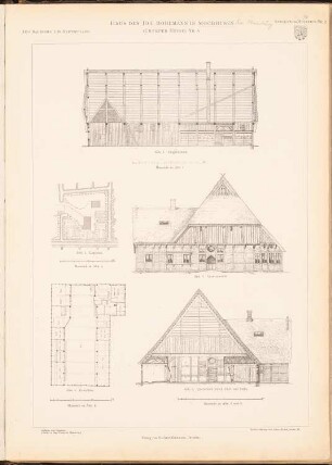 Bauernhaus, Moorhusen: Lageplan, Grundriss, Vorderansicht, Querschnitt, Längsschnitt (aus: Das Bauernhaus im Deutschen Reiche und seinen Grenzgebieten, hrsg.v. Verbande Deutscher Architekten-und Ingenieurvereine, 1906)