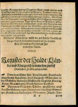Register der Städt/ Länder und Königreich/ so unter den zwölff Himlischen Zeichen gelegen sind.