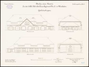 Artilleriekaserne II/27, Wiesbaden: Geschützeschuppen: Aufriss Nordostansicht, Nordwestansicht, Südostansicht, Südwestansicht 1:100