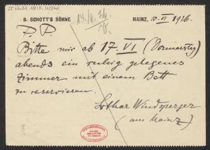 Brief an Grand Hotel Bellevue au Lac (Zürich) : 10.06.1926