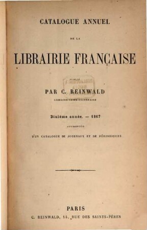 Catalogue annuel de la librairie française pour. 10