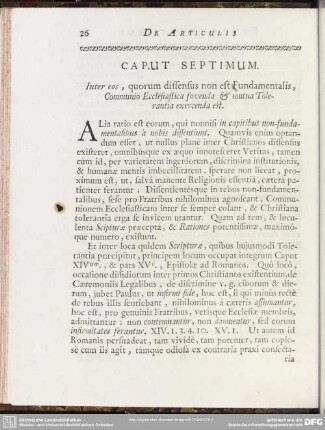Caput Septimum. Inter eos, quorum diffensus non est Fundamentalis, Communio Ecclesiastica fovenda & mutua Tolerantia exercenda est