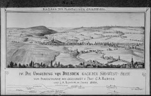 Die Umgebung von Dresden nach der Süd-West-Seite vom Frauenthurme aus gezeichnet... Eingang des Plauenschen Grundes