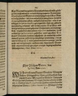 71-72, Chur Pfaltz an Bayrn den 4. Maij, 14. Maij Anno 1620