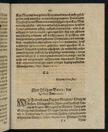 71-72, Chur Pfaltz an Bayrn den 4. Maij, 14. Maij Anno 1620