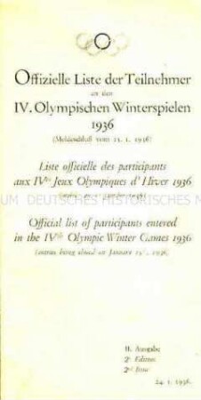 Teilnehmerliste der IV. Olympischen Winterspiele 1936 (dreisprachig)