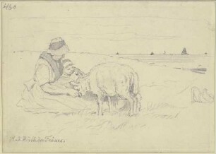 Frau mit Kind und Schaf am Strand