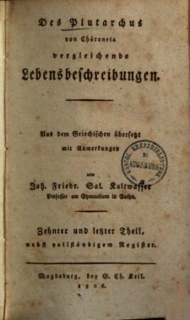 Des Plutarchus von Chäroneia vergleichende Lebensbeschreibungen, 10
