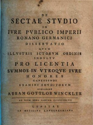 De Sectae Stvdio In Ivre Pvblico Imperii Romano Germanici Dissertatio
