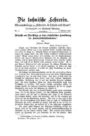 Wünsche und Vorschläge zu einer einheitlichen Ausbildung der Handarbeitslehrerinnen