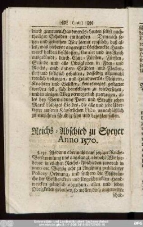 Reichs-Abschied zu Speyer Anno 1570.