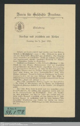 Einladung zum Ausfluge nach Hirschstein und Meißen : Sonntag den 9. Juni 1895