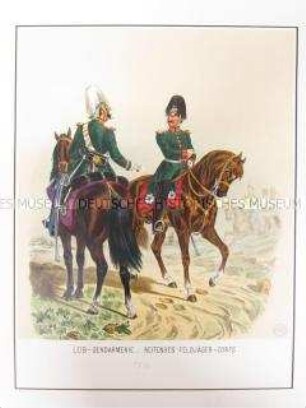 Uniformdarstellung, Gemeine der Leib-Gendarmerie und des Reitenden Feldjäger-Korps zu Pferd, Preußen, 1864. Tafel 34 aus: Schindler: Militair-Album.