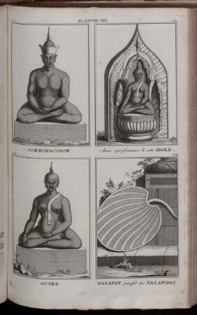 Planche XIX. : No 1. Sommonacodom ; No 2. Autre representation de cette Idole ; No 3. Autre ; No 4. Talapat, parasol des Talapoins