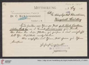 Brief von Carl Schleussner von Dr. C. Schleussner AG (Frankfurt, Main) an Max Wolf