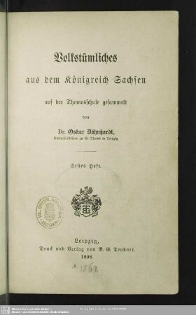 1: Volkstümliches aus dem Königreich Sachsen