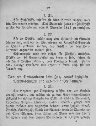 Von den Declarationen beim Zoll, darauf bezügliche Verpflichtungen und allgemeine Verfügungen.