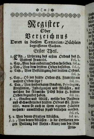 Register, Oder Verzeichnus Deren in diesem Tertiarien-Büchlein begriffenen Sachen.