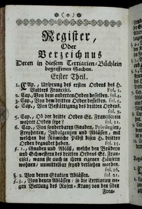 Register, Oder Verzeichnus Deren in diesem Tertiarien-Büchlein begriffenen Sachen.