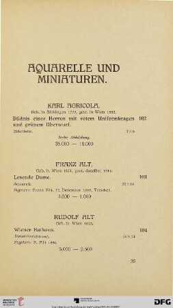 Aquarelle und Miniaturen (Nr. 102-171)