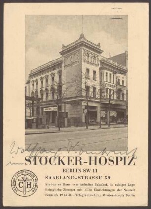 Ansichtskarte "Stöcker-Hospiz", Saarlandstraße 59