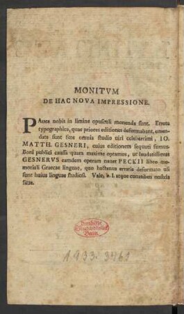 Monitum De Hac Nova Impressione