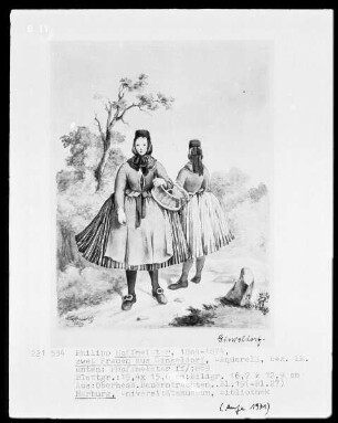Oberhessische Bauerntrachten für den Verein für hessische Geschichte und Landeskunde — Zwei Frauen aus Ginseldorf, Folio 19