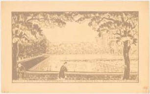 Luisenstädtischer Kanal, Berlin: Perspektivische Ansicht mit seitlichem Blick über das Familienbad im Engelbecken zur Michaelkirche, Stempel