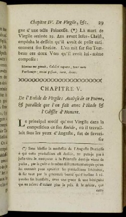 Chapitre V. De l`Enéide de Virgile; Analyse de ce Poëme, & parallele que l´on fait avec l´iliade & l´Odissée d´Homere. - Chapitre X. Poëtes François qui se sont le plus distingués par leurs productions dans le Poëme Epique: Ronsard, Chapellain, Despreaux, & de son Lutrin; de Voltaire, etc.