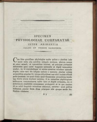 Specimen Physiologiae Comparatae Inter Animantia calidi et frigidi sanguinis
