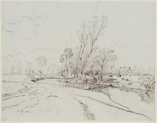 Landschaft mit Fluss, Steg und weidenden Kühen