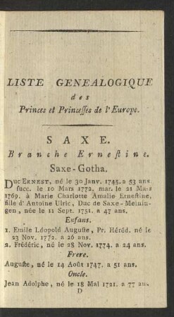 Liste Genealogique des Prices et Princesses de l'Europe