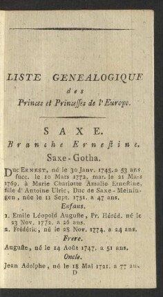 Liste Genealogique des Prices et Princesses de l'Europe