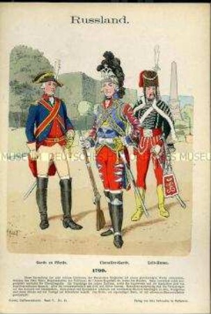 Uniformdarstellung, Gardisten und Husar der Hofgarden, Russland, 1790.