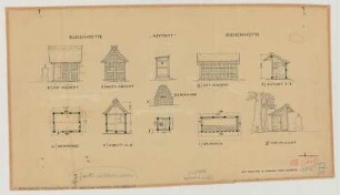Preußisch Ströhen (Kreis Lübbecke): Hof Nr. 61 [Simon] Rohlfing. - Bleichhütte (Grundriss, Nordansicht, Ostansicht, Querschnitt). - Bienenhaus (Grundriss, Ostansicht, Südansicht, Querschnitt)