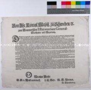 Patent des schwedischen Statthalters in Pommern Niels Bielke betreffend das Akzisewesen
