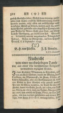Nachricht von einer merkwürdigen Taufe vier aus einer Ehe verschiedener Religions-verwandten erzeugten Kinder.