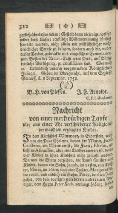 Nachricht von einer merkwürdigen Taufe vier aus einer Ehe verschiedener Religions-verwandten erzeugten Kinder.