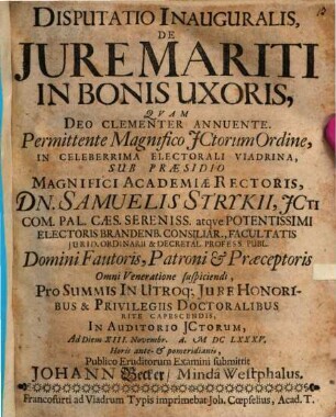 Disputatio Inauguralis, De Jure Mariti In Bonis Uxoris
