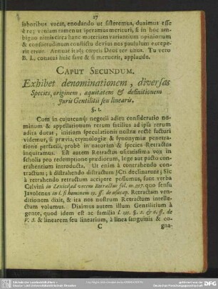 Caput Secundum. Exhibet denominationem, diversas Species, originem, aquitatem & definitionem Iuris Gentilitii seu linearis