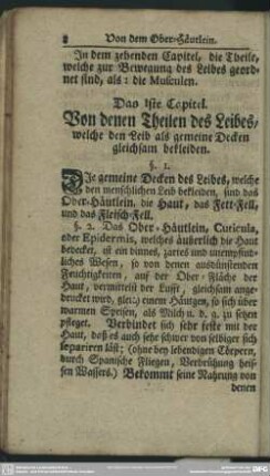 Das Iste Capitel. Von denen Theilen des Leibes, welche den Leib als gemeine Decken gleichsam bekleiden